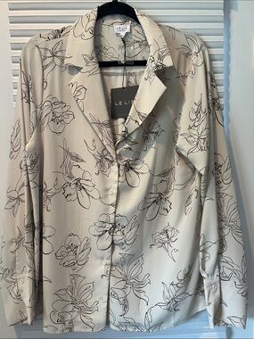 Le Lis Cream Button-Down Shirt with Black Floral Line Art
